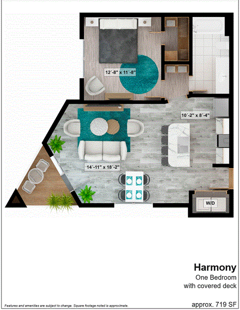 a floor plan of one bedroom with covered deck
